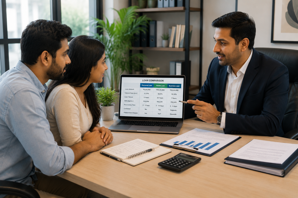 Financial advisor explaining loan options to a young couple in a modern office
