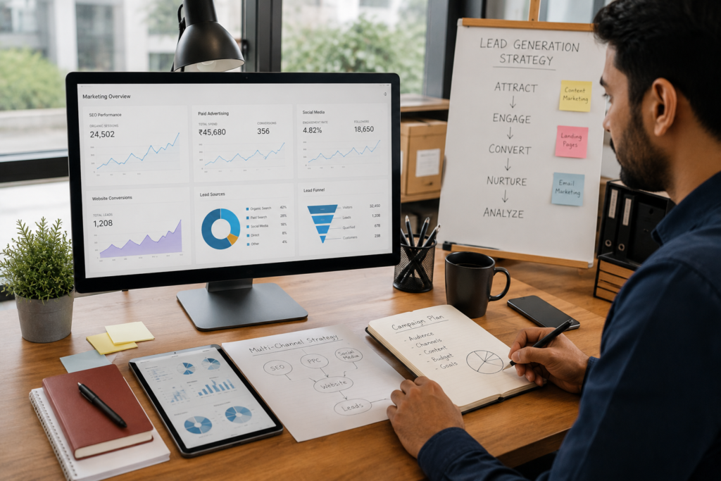 Digital marketing professional analysing SEO paid ads social media and lead generation performance