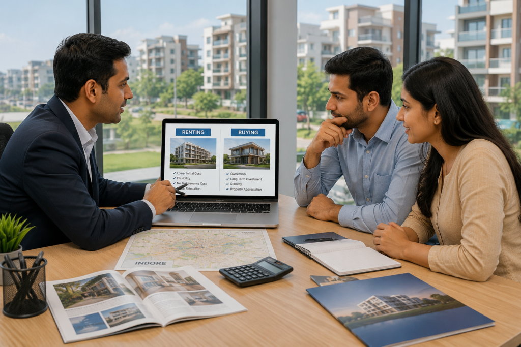 Real estate consultant discussing renting versus buying a property in Indore with a young Indian couple