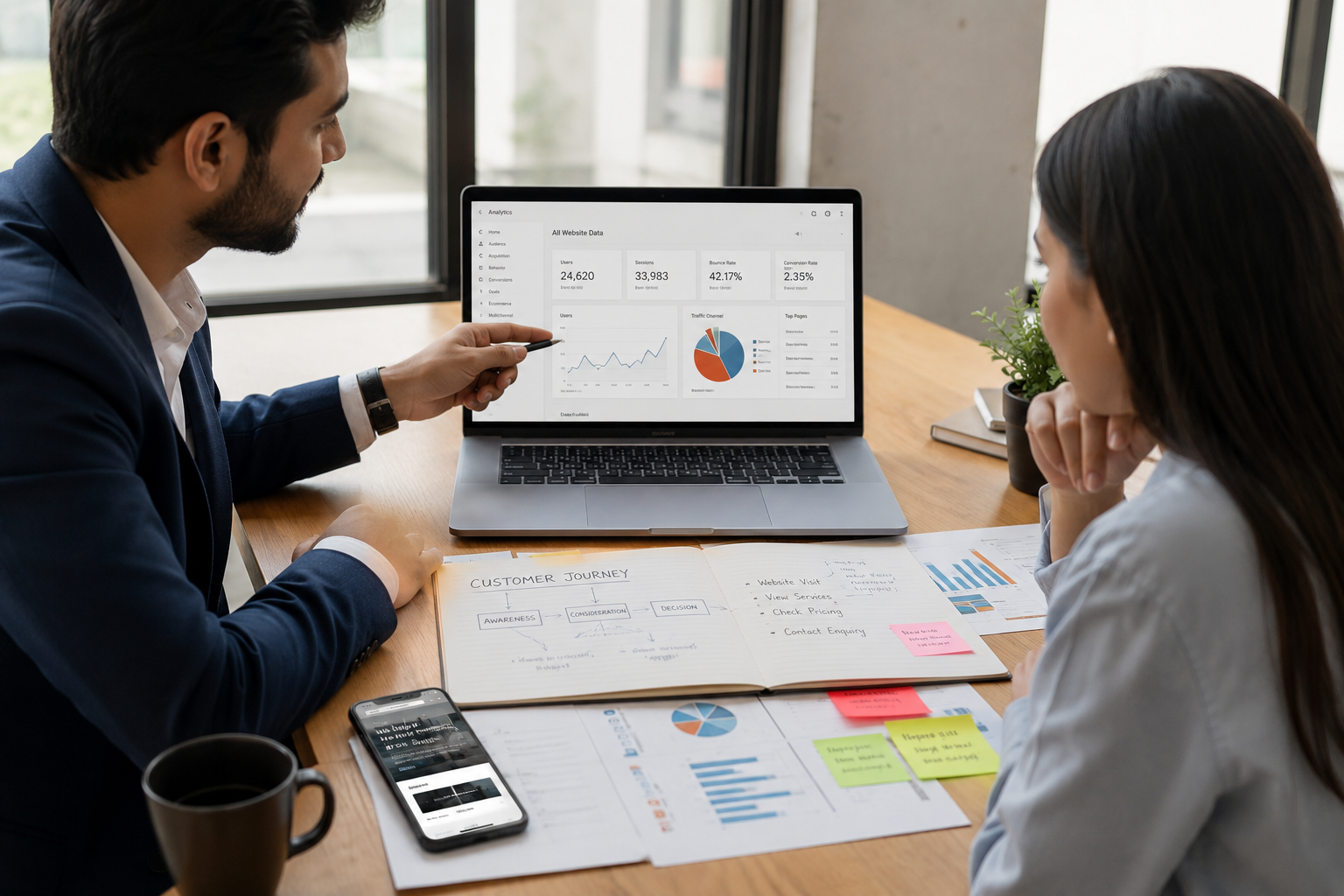 Digital marketing consultant reviewing website traffic and lead conversion strategy with a business owner
