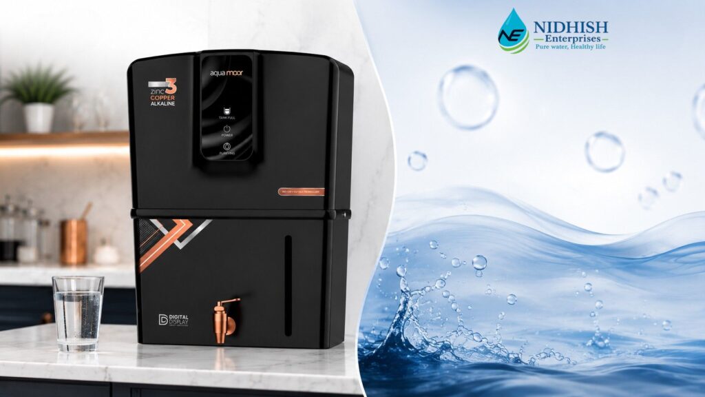 "Aqua Moor black RO water purifier with digital display in a modern kitchen."