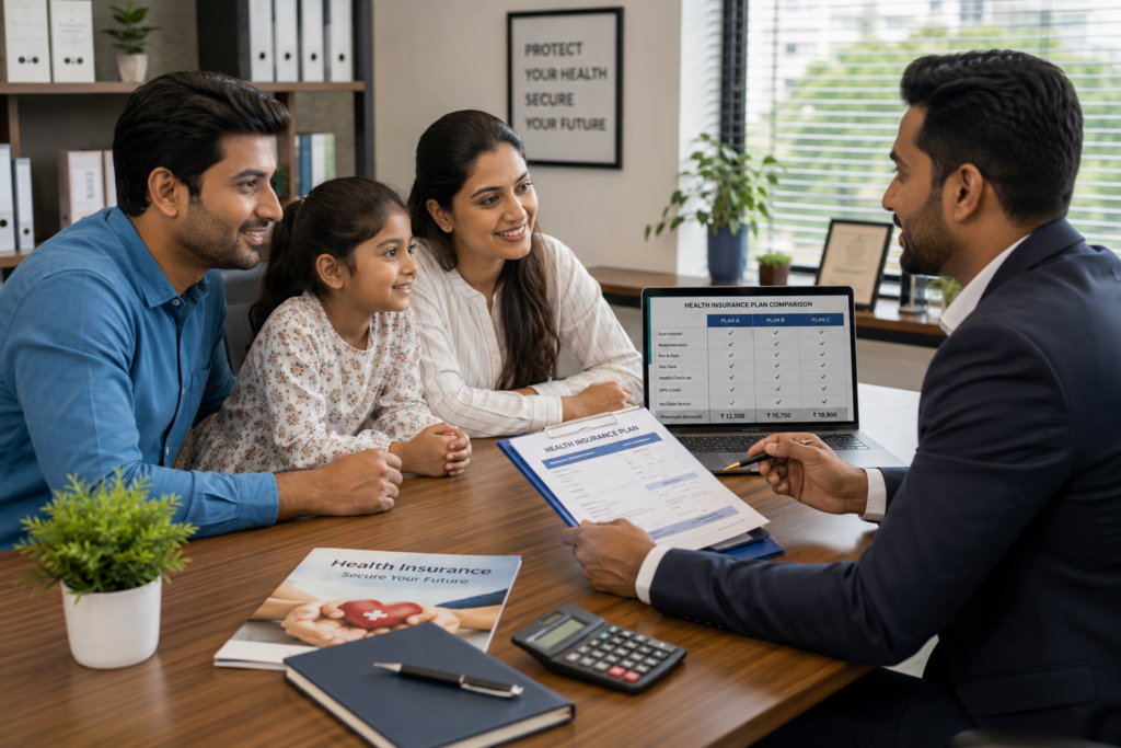 Financial advisor explaining cashless and reimbursement health insurance claims to a young Indian family during a health insurance consultation.