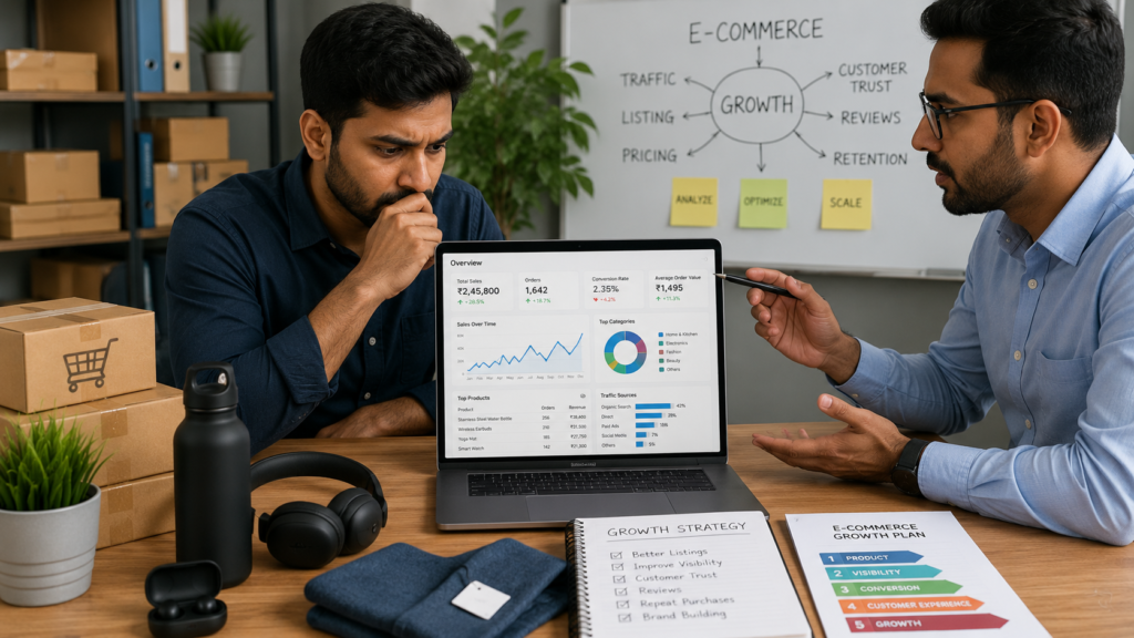 E-commerce business owner discussing sales performance and growth strategy with a professional consultant