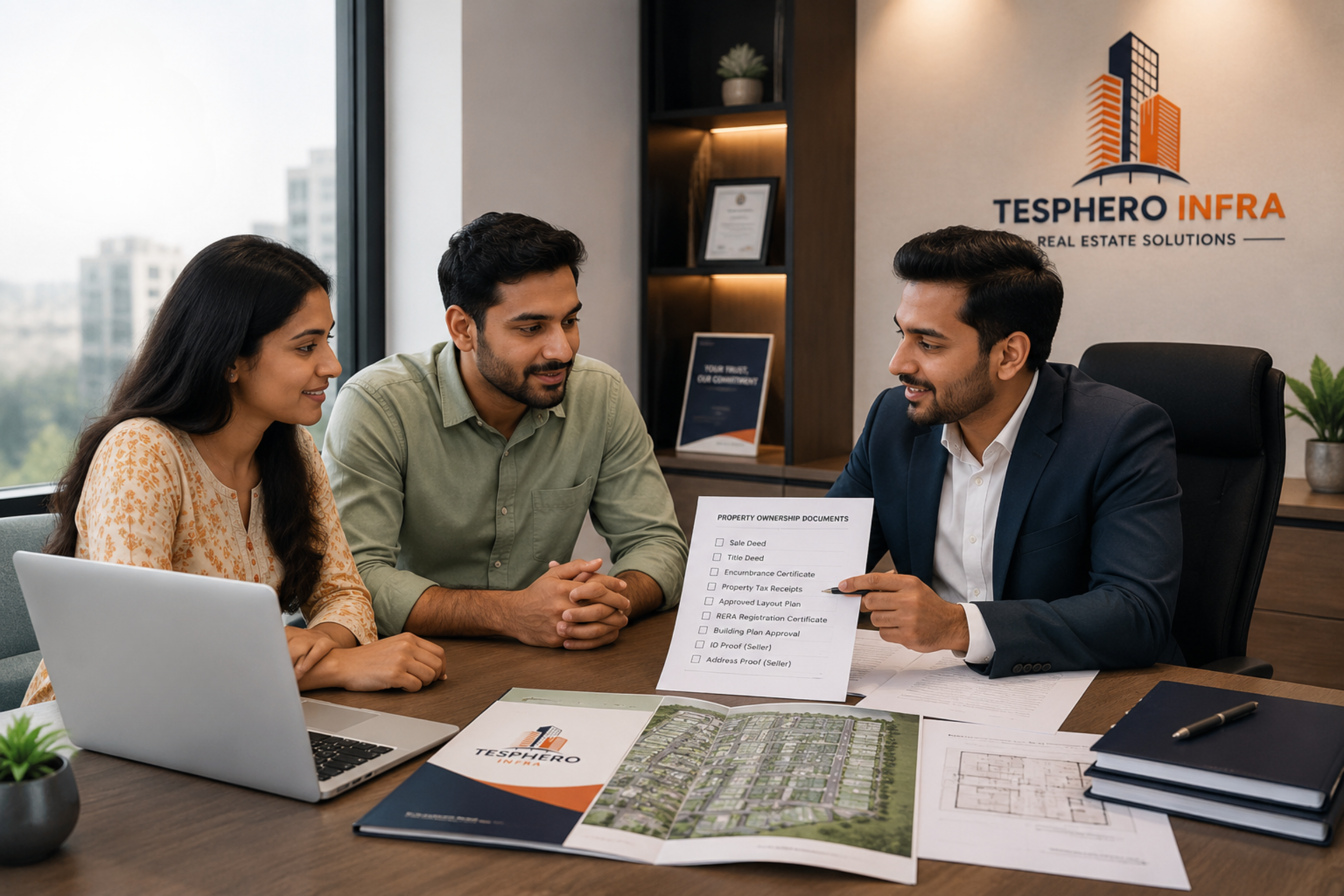 Real estate consultant explaining property ownership documents to a couple in Indore | Tesphero Infra
