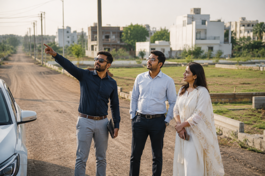 Real estate consultant showing a developing residential plotted project to a couple in Indore