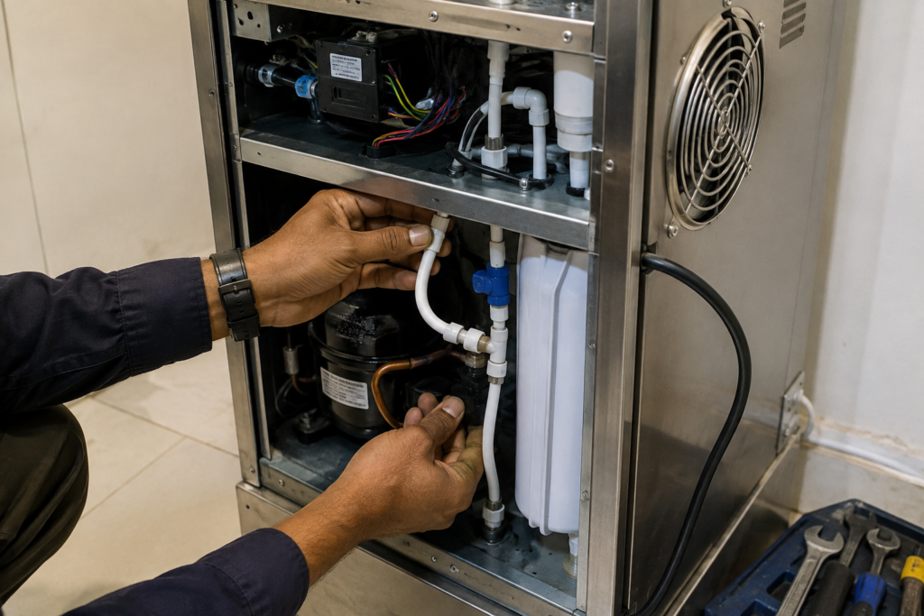 Technician servicing a commercial stainless-steel water cooler.