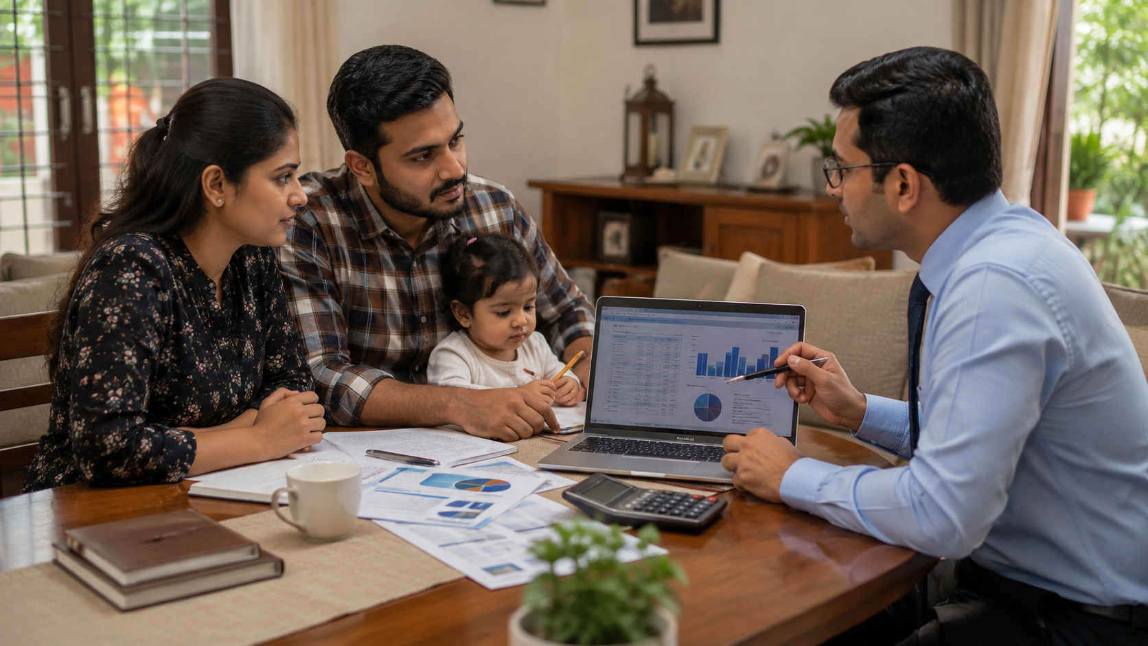 Indian family discussing term insurance and financial planning with a professional advisor.