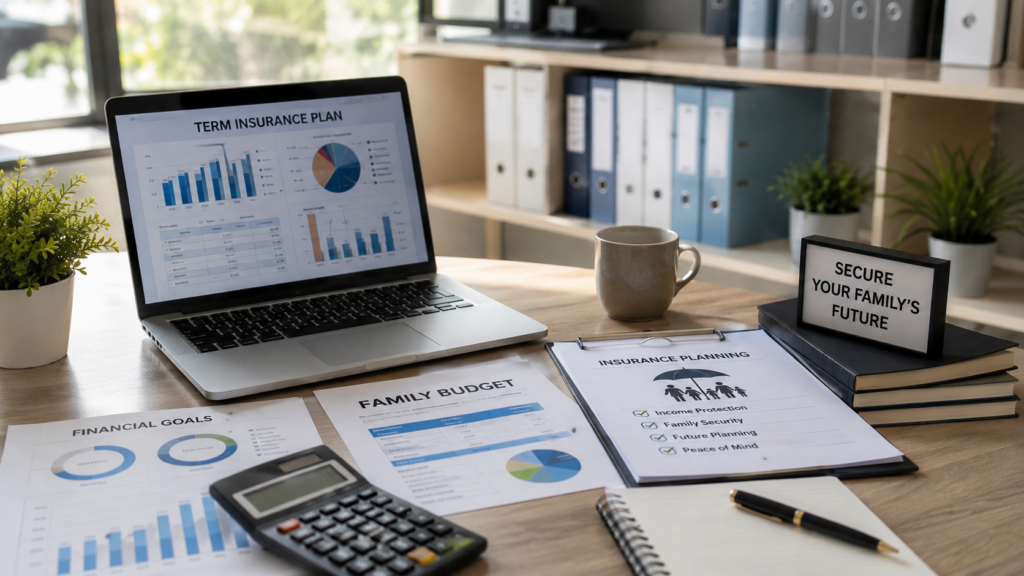 Financial advisor reviewing term insurance and long-term financial planning with an Indian family.