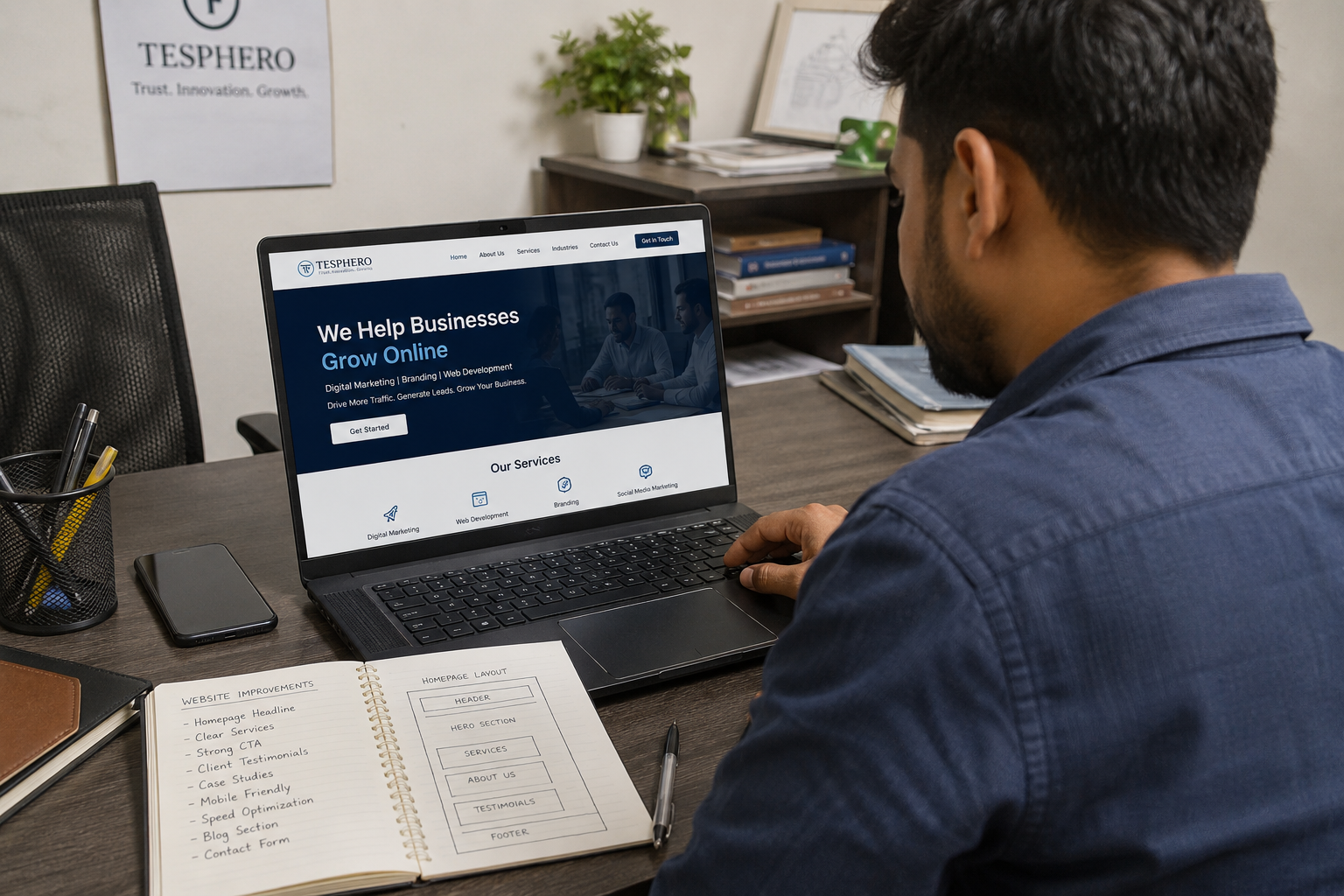 Business owner reviewing company website and lead generation strategy on a laptop.