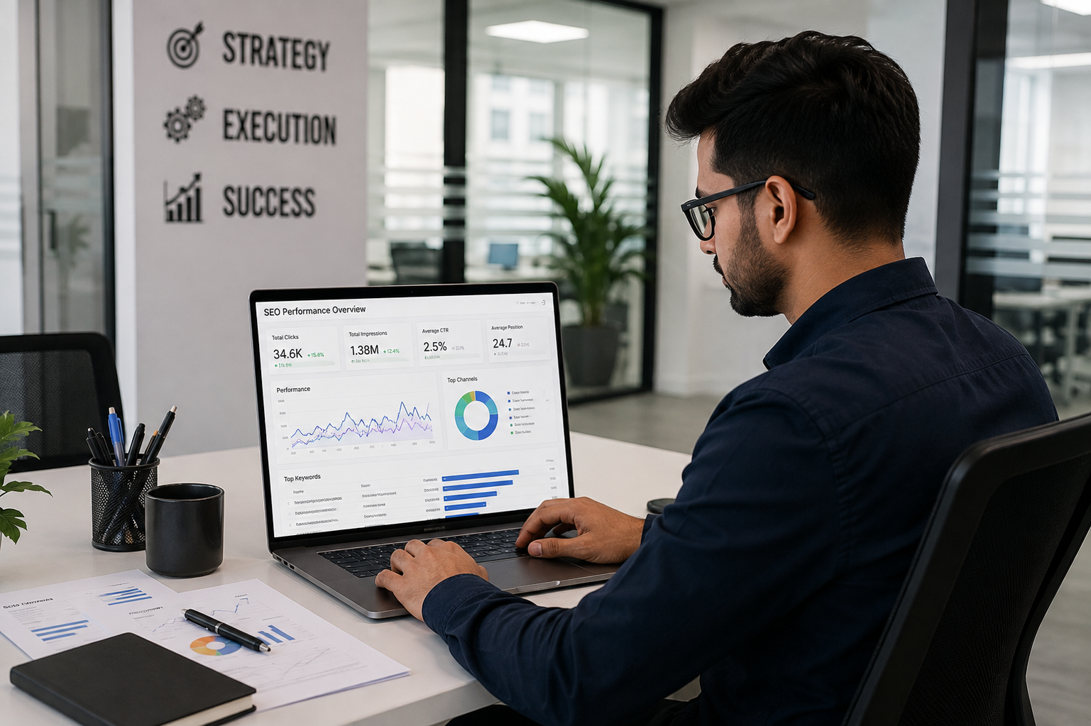 Digital marketing professional analyzing SEO performance, keyword research, and website traffic in a modern office.