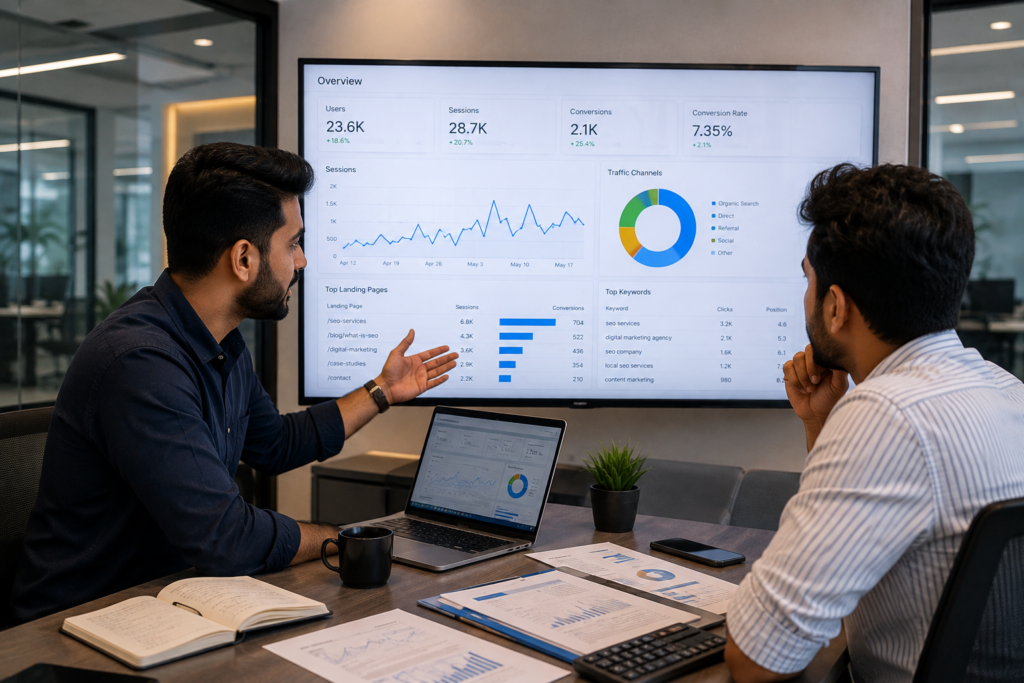 Digital marketing consultant discussing SEO performance and business growth strategy with a business owner.