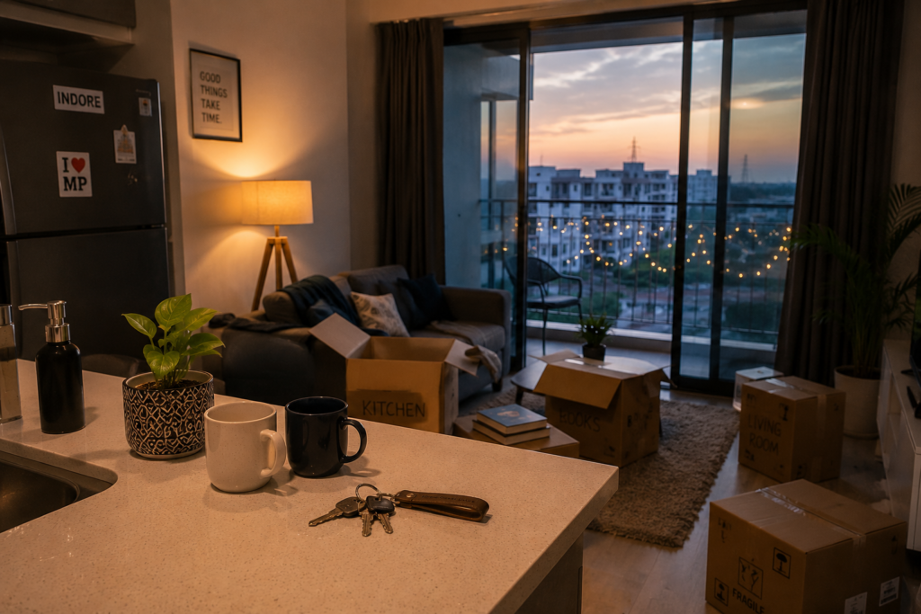 Newly rented apartment in Indore with moving boxes and a residential neighbourhood outside.