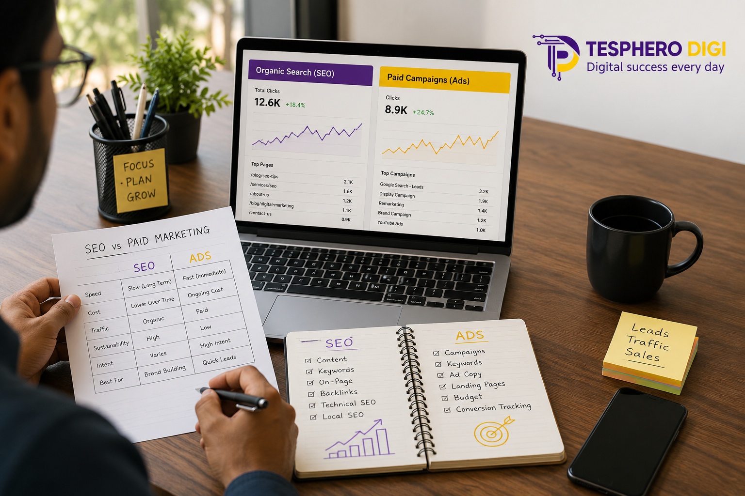 Indian business comparing SEO and paid marketing performance.