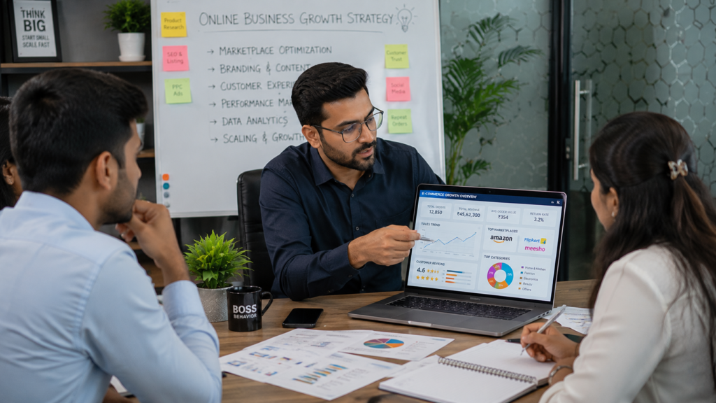 Business consultant guiding entrepreneurs on marketplace growth and e-commerce strategy in a modern office.
