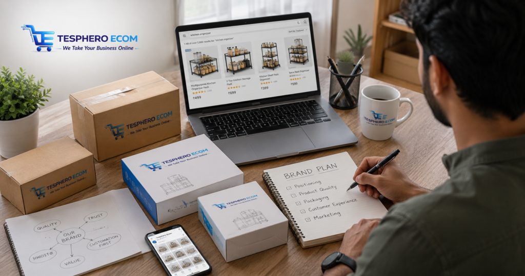 Indian marketplace seller developing consistent packaging and e-commerce brand identity.