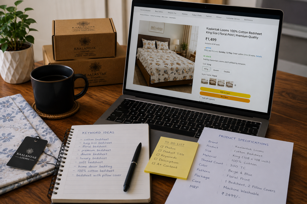 E-commerce seller reviewing product listing performance and customer feedback on a laptop.