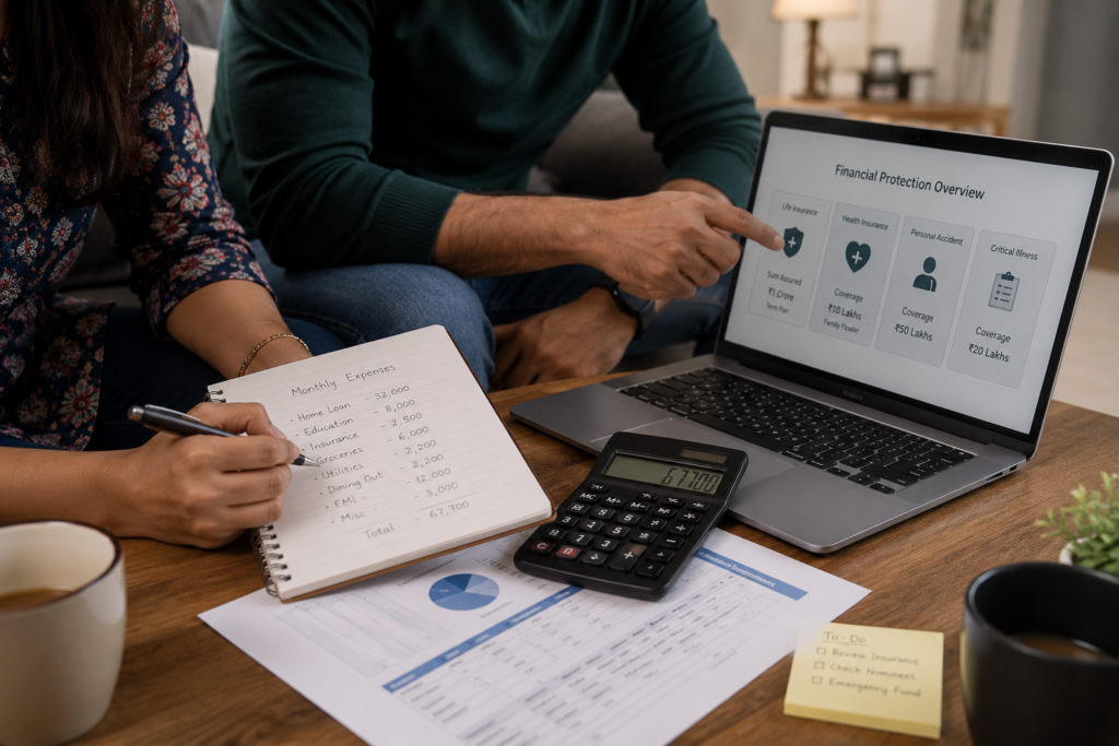 Indian couple reviewing financial protection and insurance planning at home.