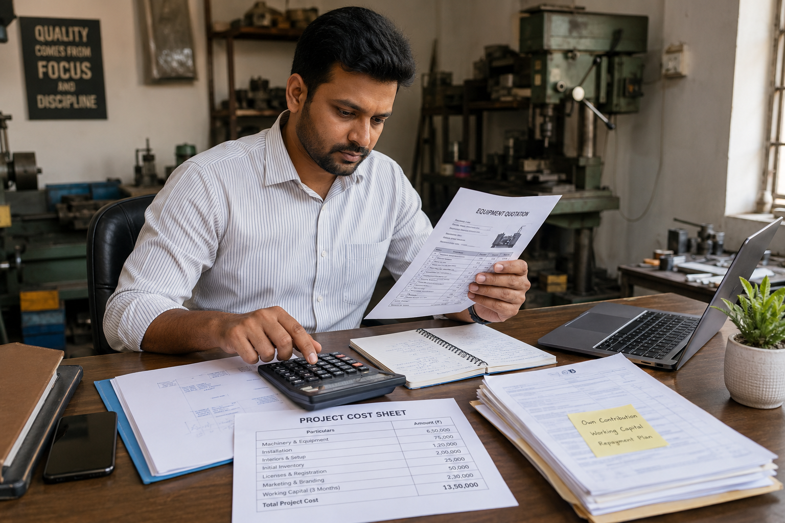 Indian entrepreneur calculating project costs before applying for a small-business loan.