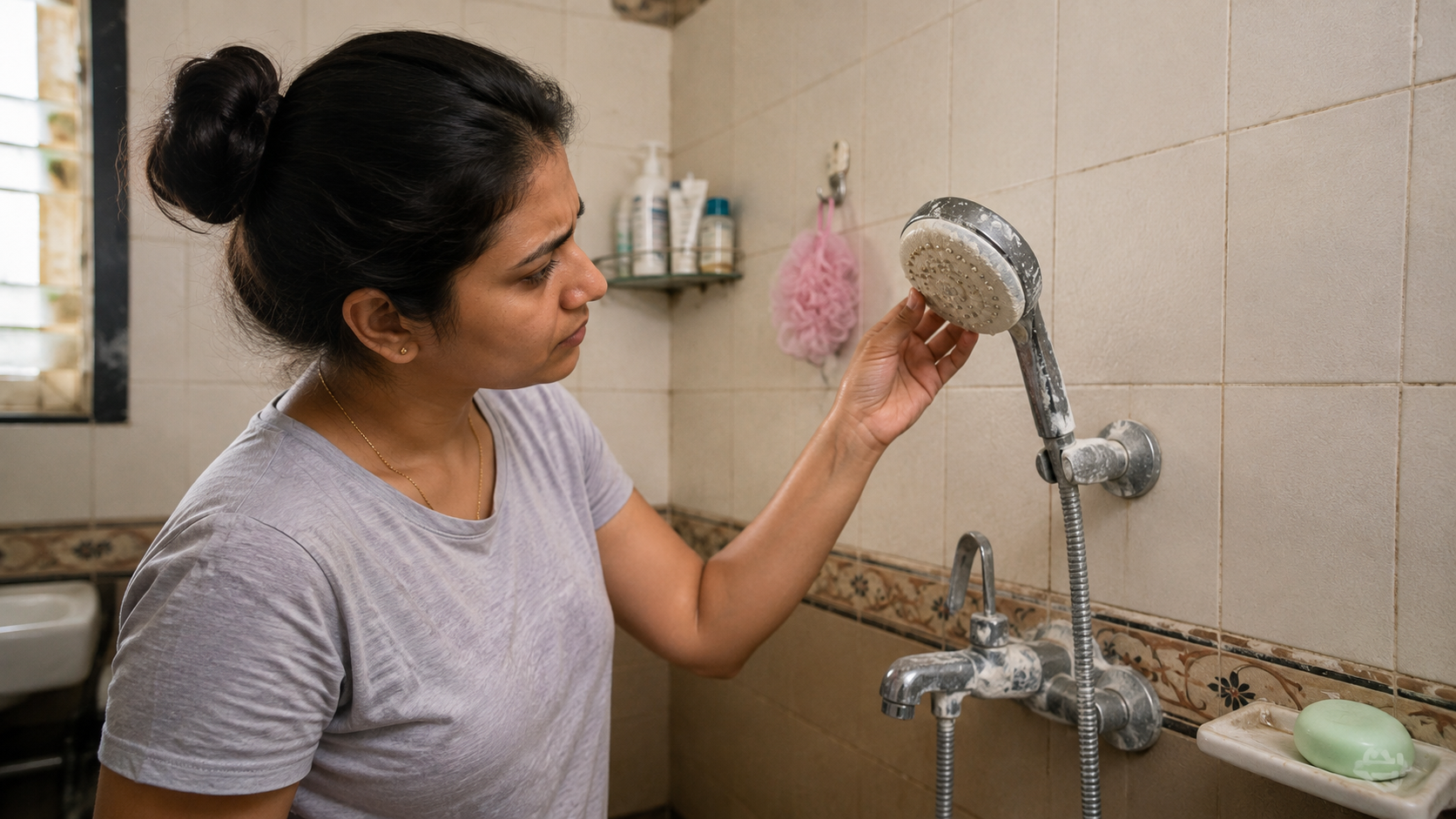 Mineral scale deposits on bathroom fixtures caused by hard water.