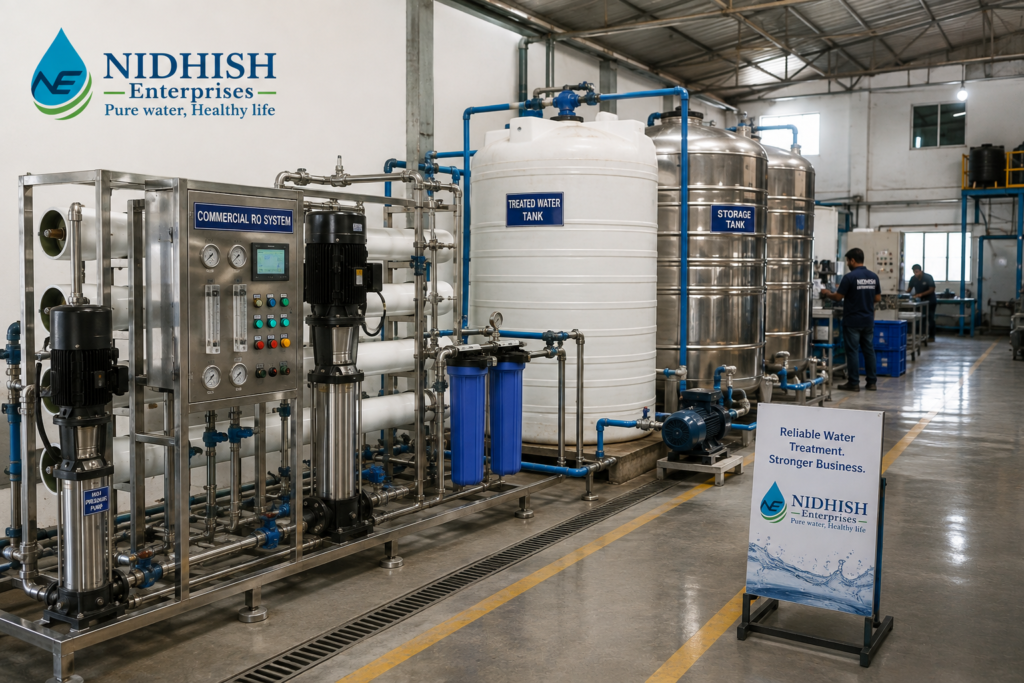 Commercial RO system and treated-water storage supporting normal business operations.