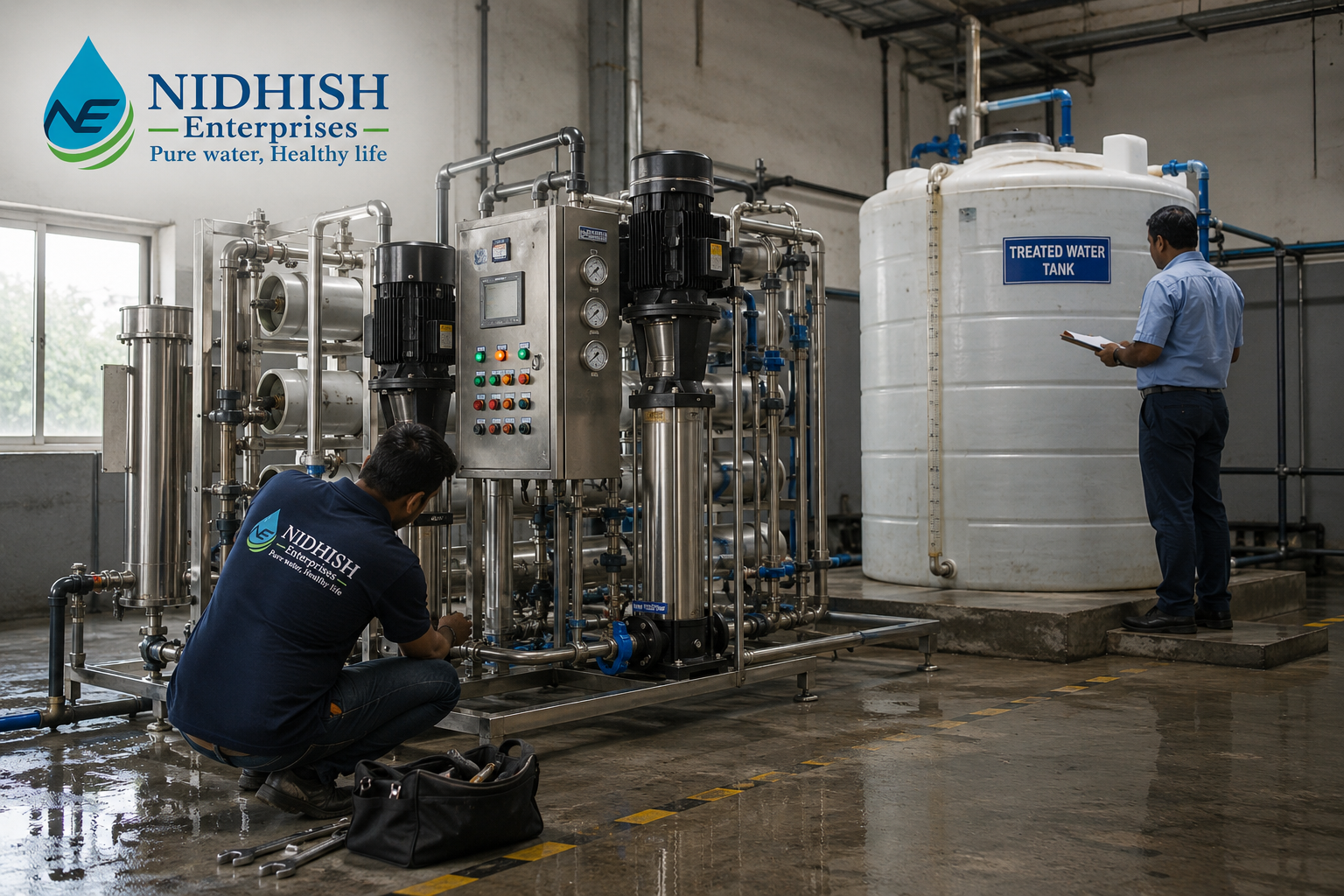 Commercial RO technician inspecting an unexpected RO system failure at an Indian facility.