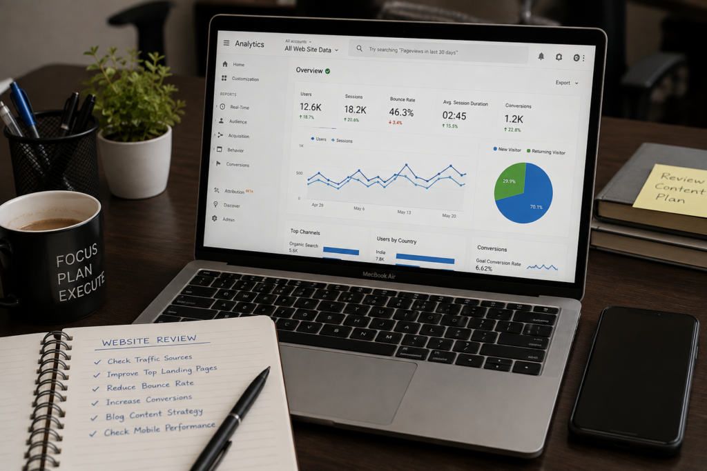 Website analytics and conversion data being reviewed to improve lead generation.