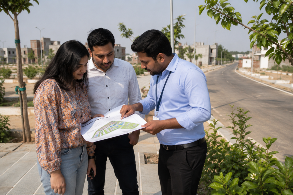 Property buyer discussing location and project details with a real estate advisor in Indore.