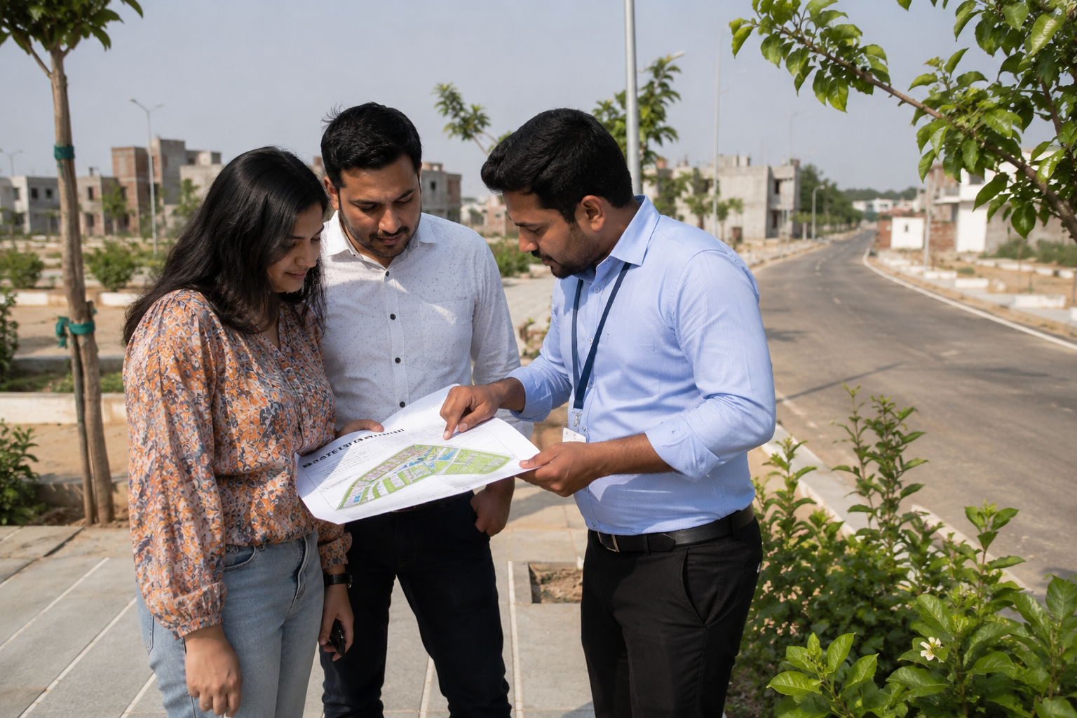 Property buyer discussing location and project details with a real estate advisor in Indore.