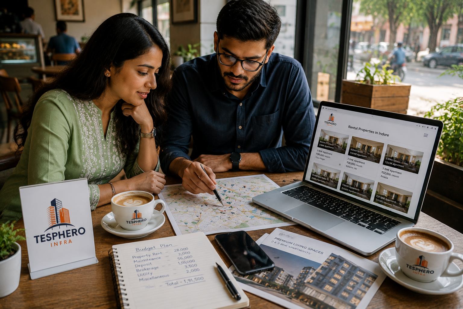 Indian couple comparing rental property locations and budget before renting a home in Indore.