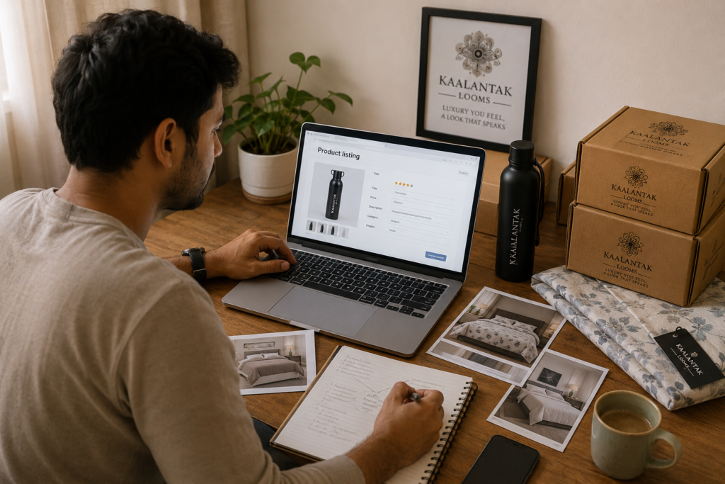 Indian e-commerce seller reviewing product images and listing details on a laptop.