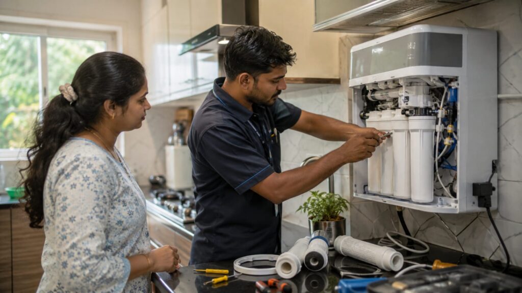 Professional technician servicing a domestic RO water purifier in a modern kitchen to maintain water quality and system performance.