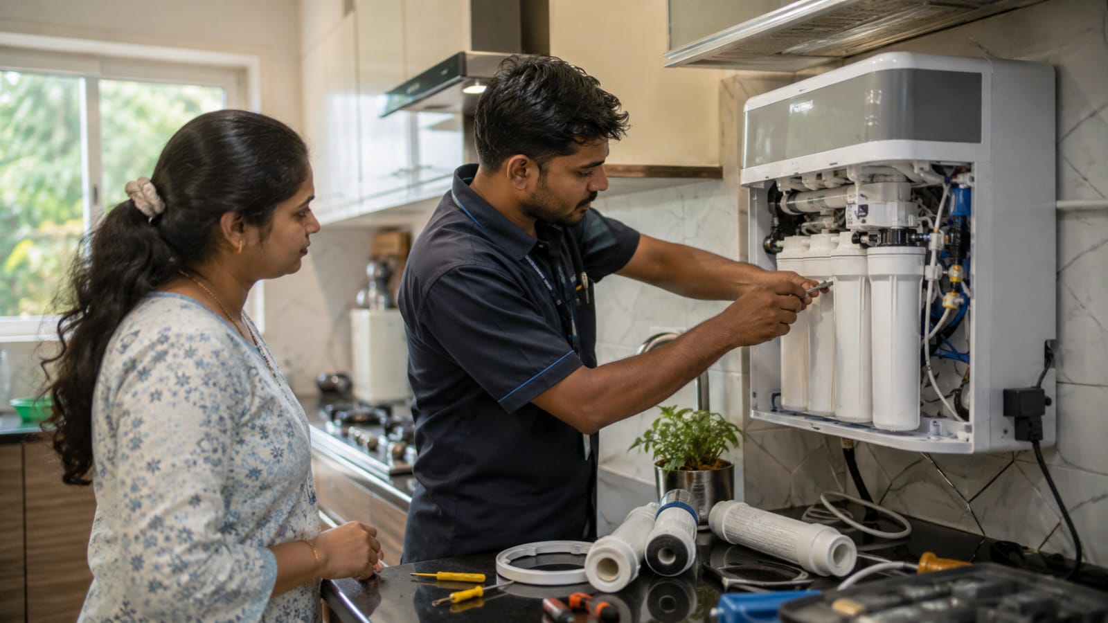 Professional technician servicing a domestic RO water purifier in a modern kitchen to maintain water quality and system performance.