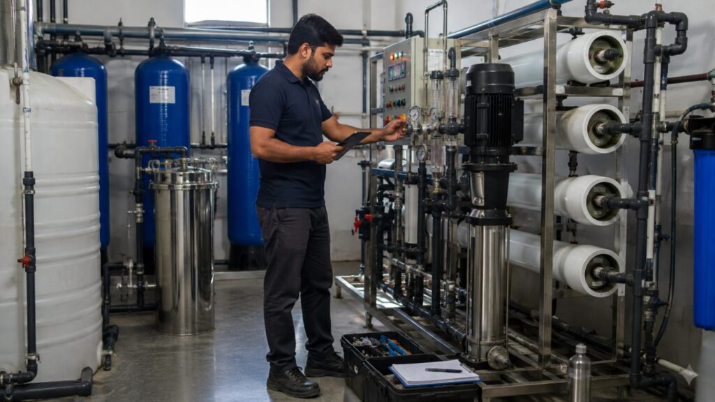 Professional technician inspecting a commercial RO water purification system during scheduled maintenance.