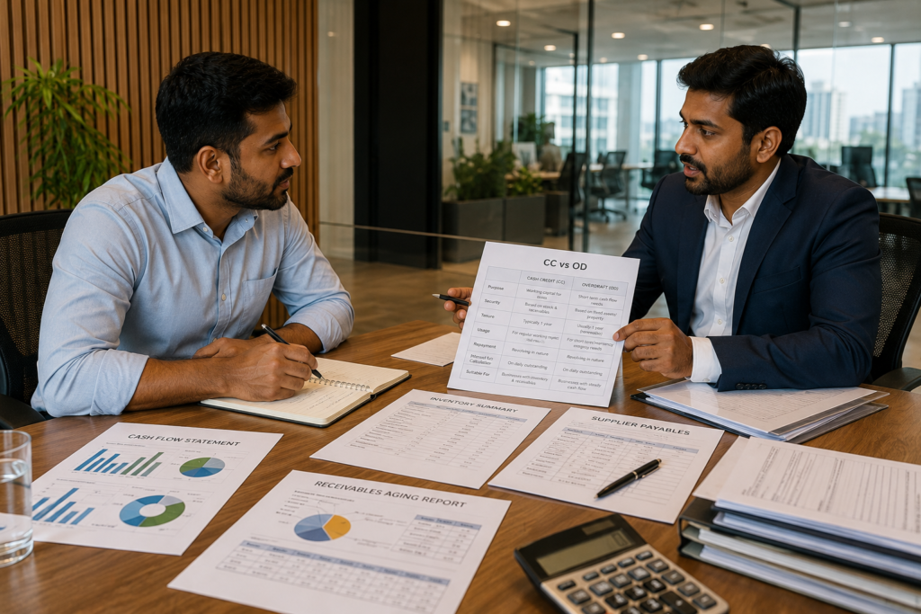 MSME business owner comparing Cash Credit and Overdraft options with a financial consultant