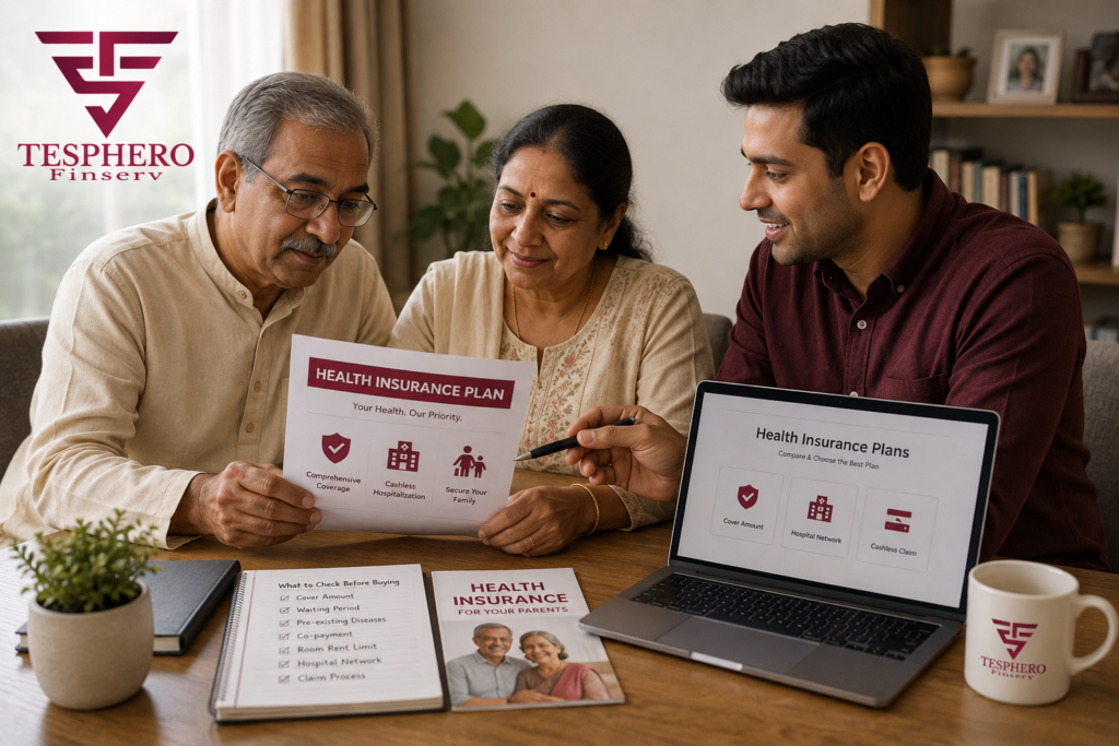 Indian family reviewing health insurance for parents at home.