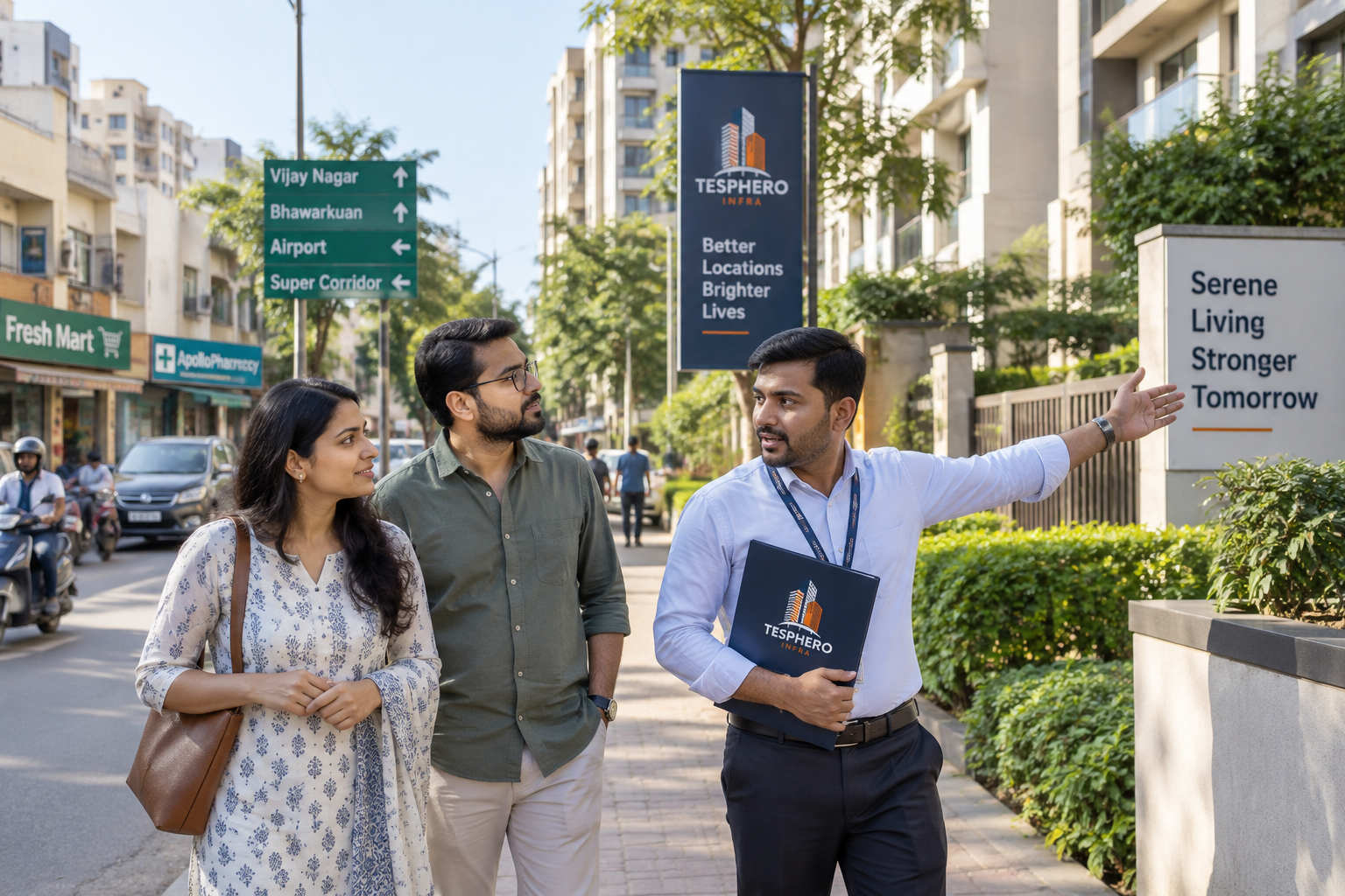 Indian family evaluating a residential neighbourhood in Indore with a Tesphero Infra representative