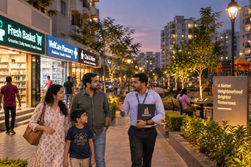 Indian couple exploring a residential locality with a Tesphero Infra representative