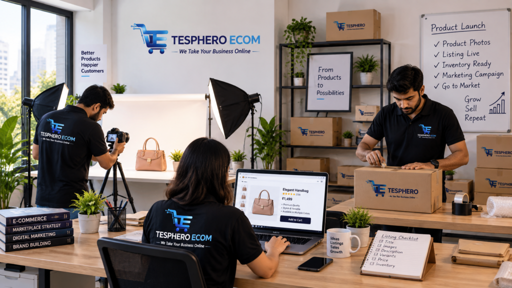 Tesphero Ecom team preparing an e-commerce product launch with product photography and online listings