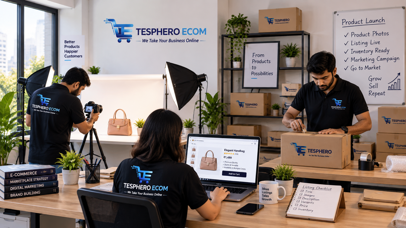 Tesphero Ecom team preparing an e-commerce product launch with product photography, online listing and order packaging