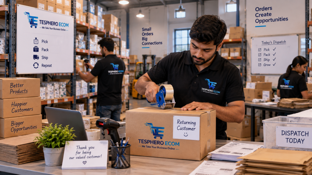 Tesphero Ecom team packing an order for a repeat customer in an e-commerce fulfilment centre