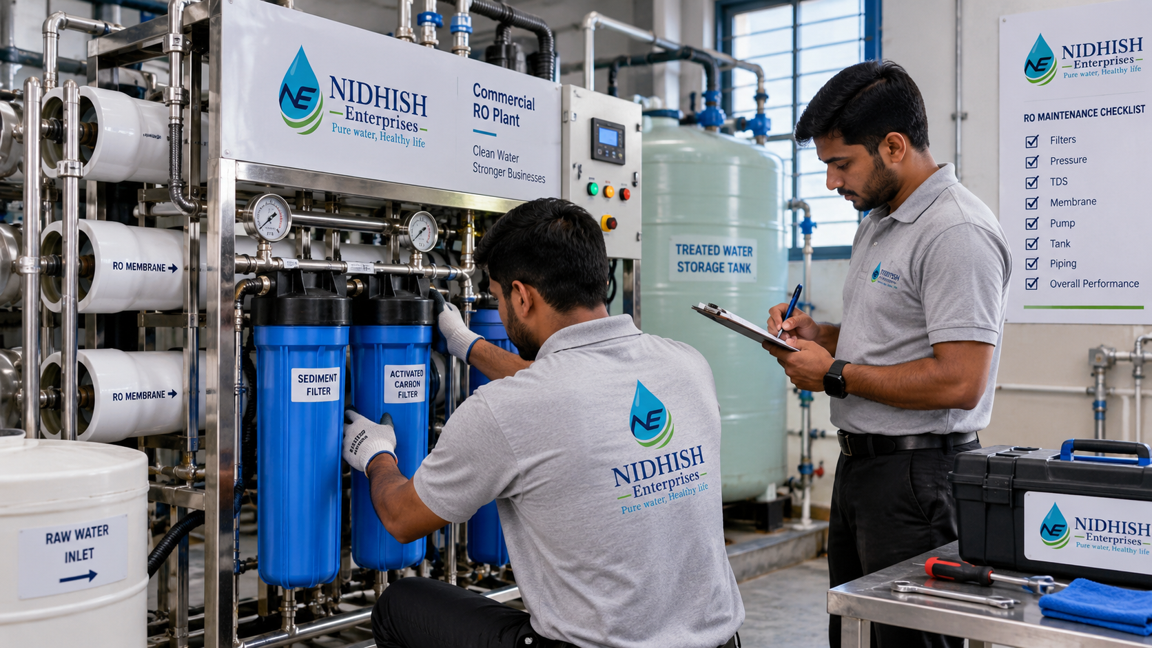 Nidhish Enterprises technicians performing regular RO maintenance on a commercial water treatment system