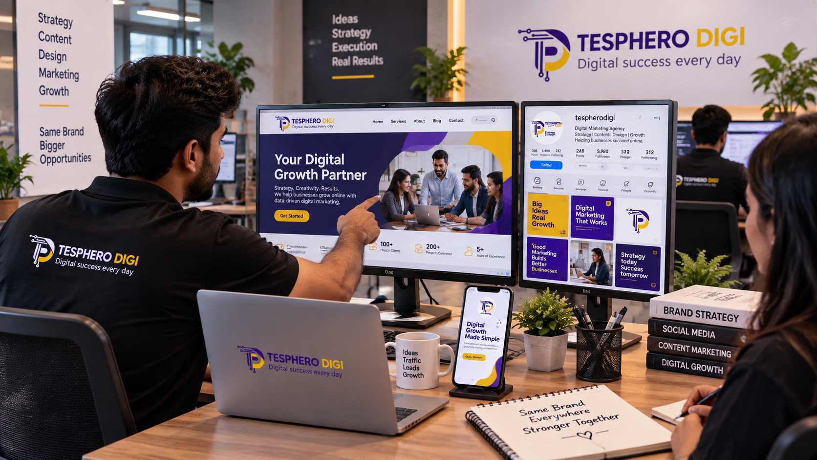 Tesphero Digi team reviewing consistent branding across a business website, social media and mobile platforms