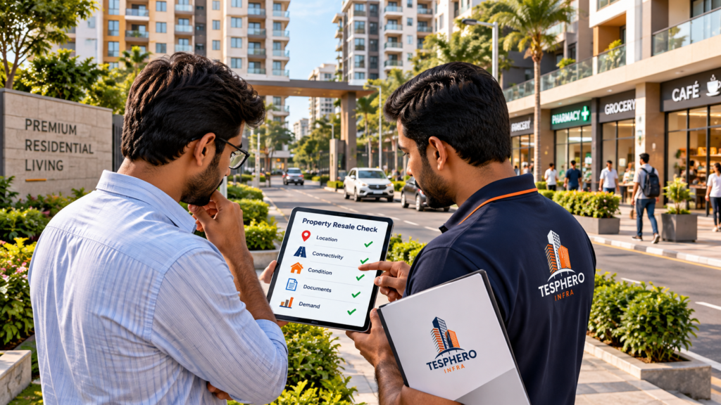 Tesphero Infra representative helping a property buyer evaluate property resale value based on location, connectivity, condition, documents and demand