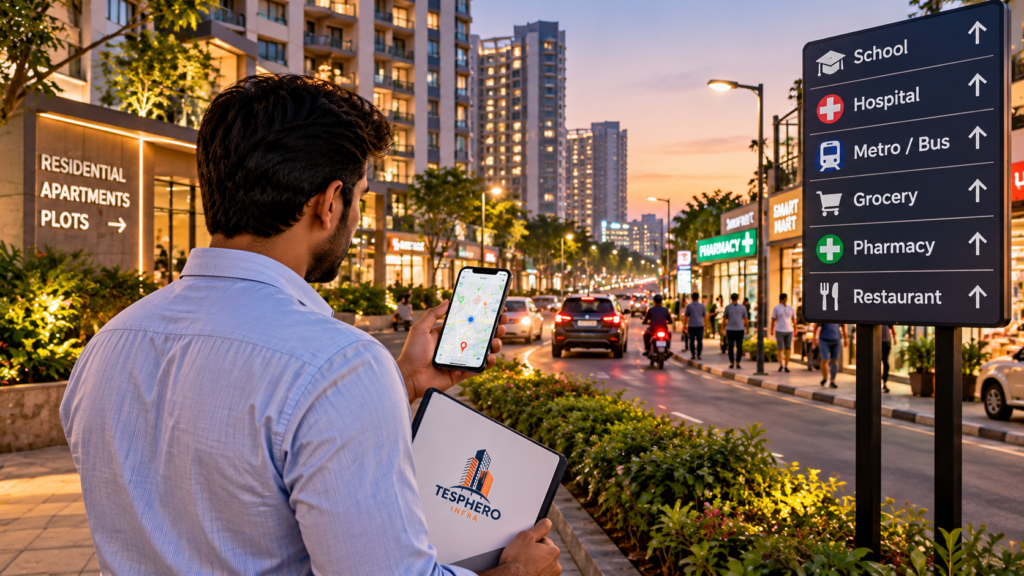 Property buyer evaluating a neighbourhood's connectivity and nearby facilities with Tesphero Infra to understand property resale value