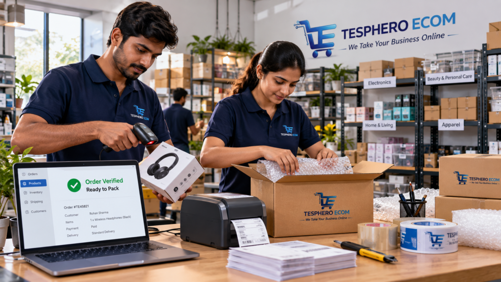 Tesphero Ecom team scanning, verifying and securely packing customer orders in an e-commerce fulfilment studio