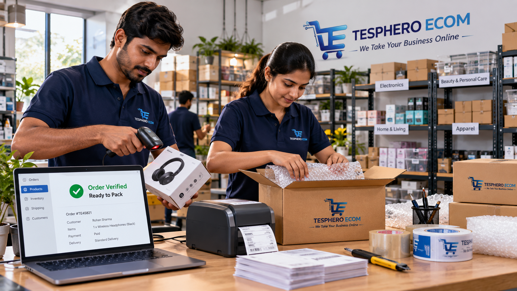 Tesphero Ecom team scanning, verifying and securely packing customer orders in an e-commerce fulfilment studio