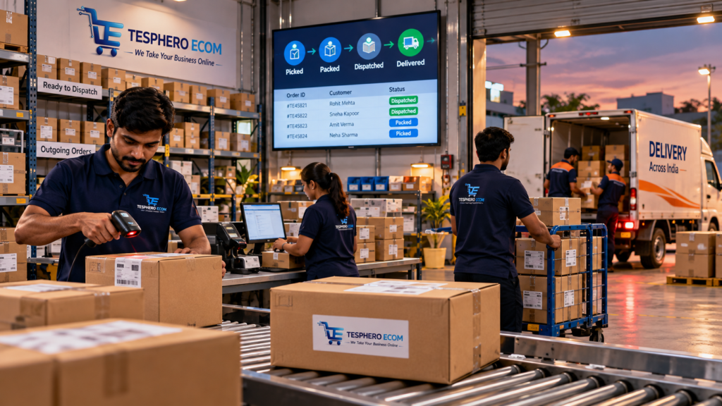 Tesphero Ecom team scanning and dispatching packed customer orders from an e-commerce fulfilment centre