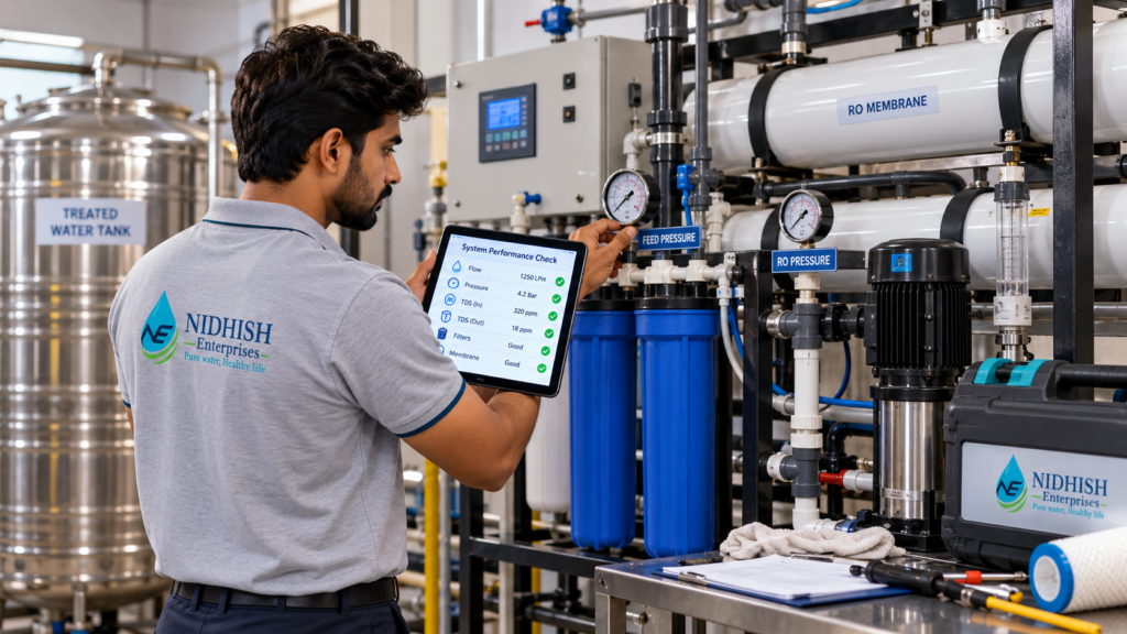 Commercial Water Purifier Service by a Nidhish Enterprises technician checking pressure, TDS, filters and membrane performance