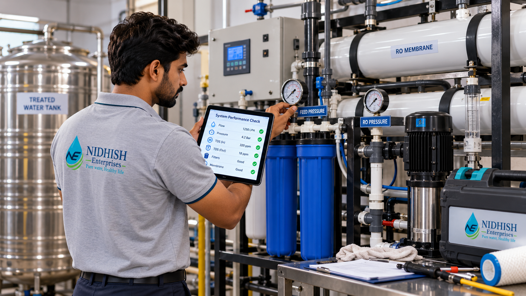 Commercial Water Purifier Service by a Nidhish Enterprises technician checking pressure, TDS, filters and membrane performance