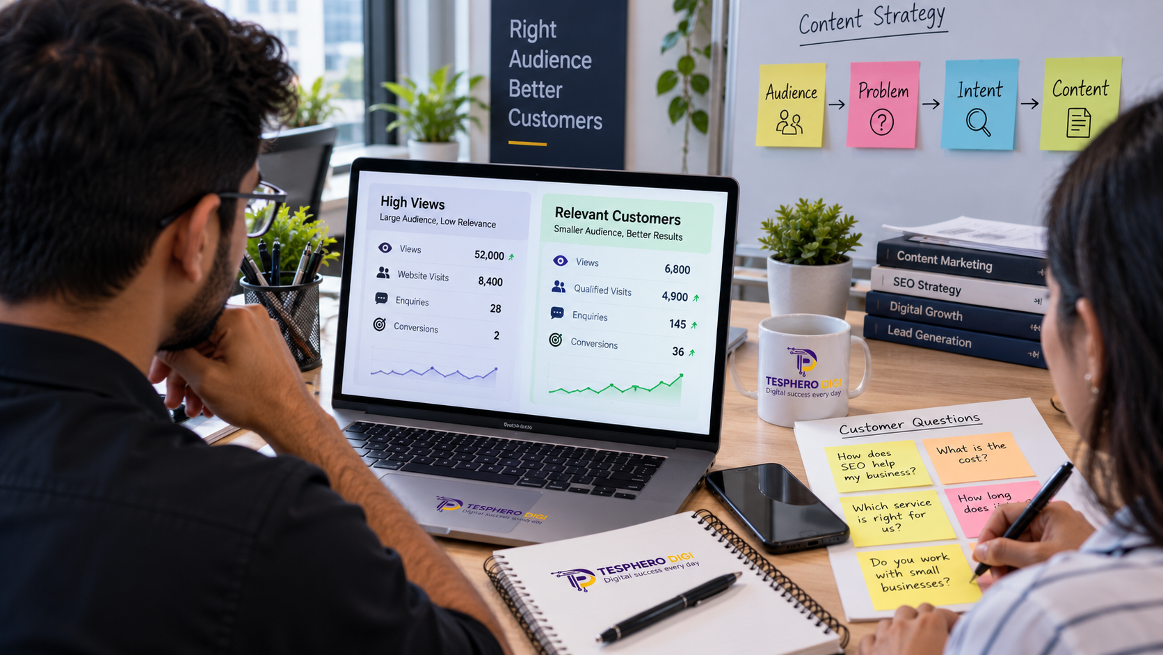 Tesphero Digi team creating content that attracts customers by comparing high views with relevant visits, enquiries and conversions